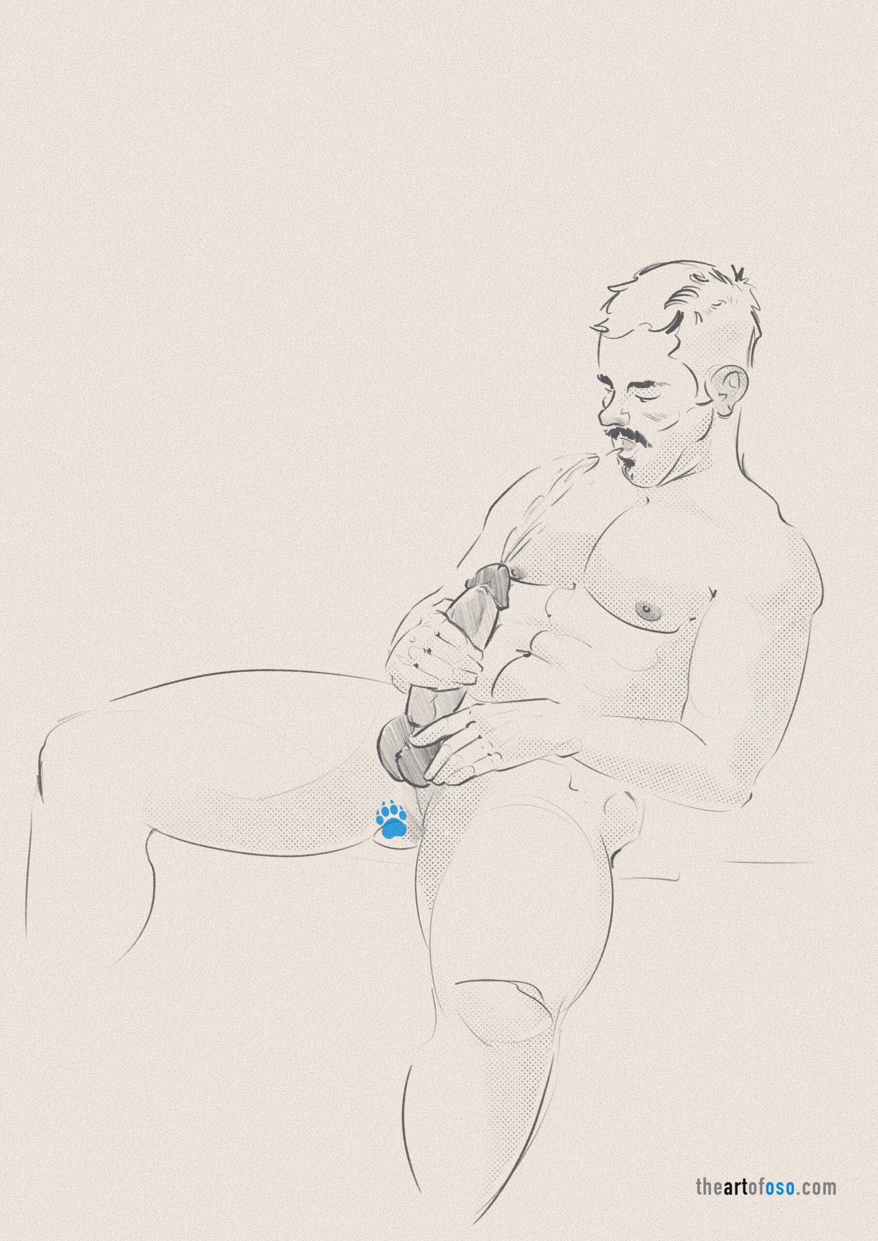 Sketch in Digital Art of a male figure sitting and admiring the explosion of cum release from its dick after edging for hours.