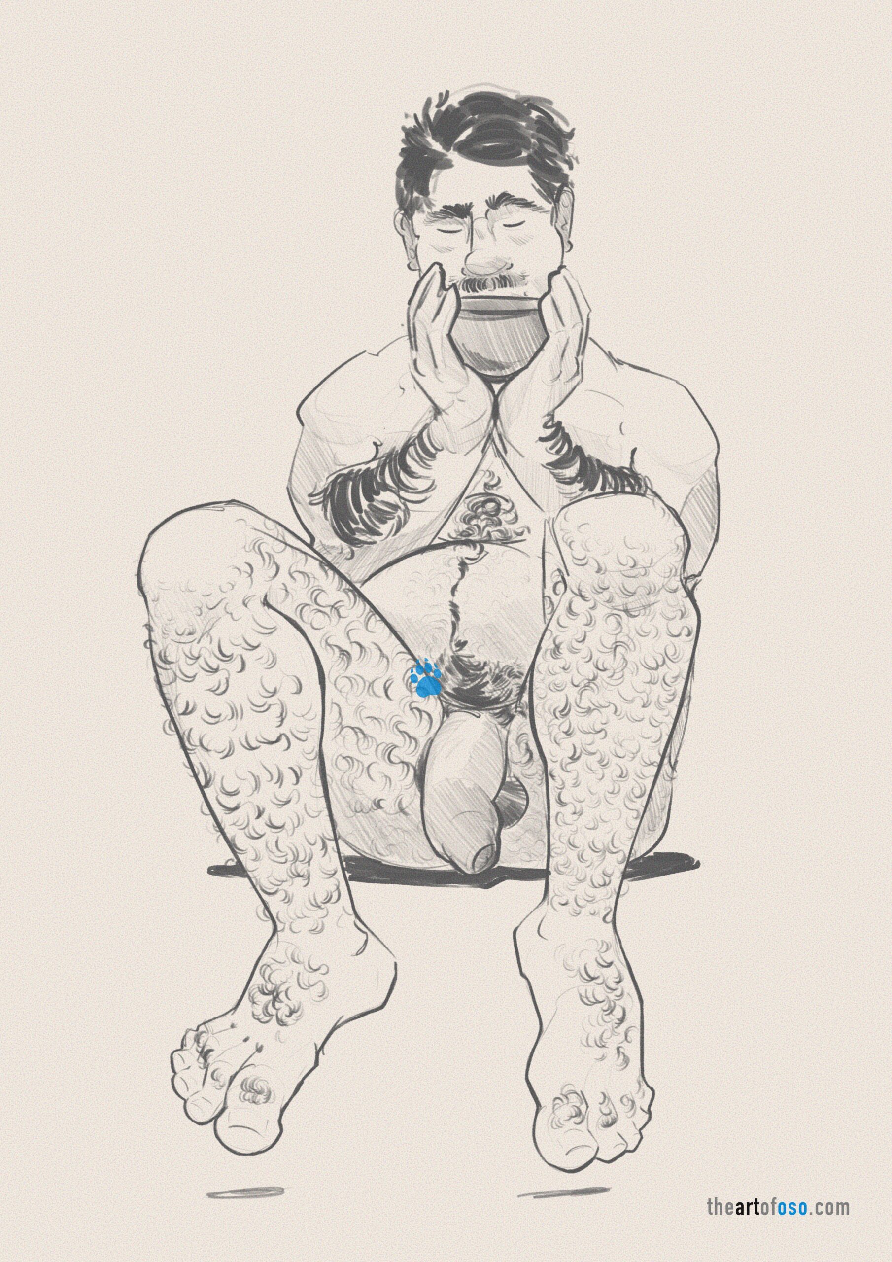 Sketch in digital of a male figure sitting and drinking coffee. 