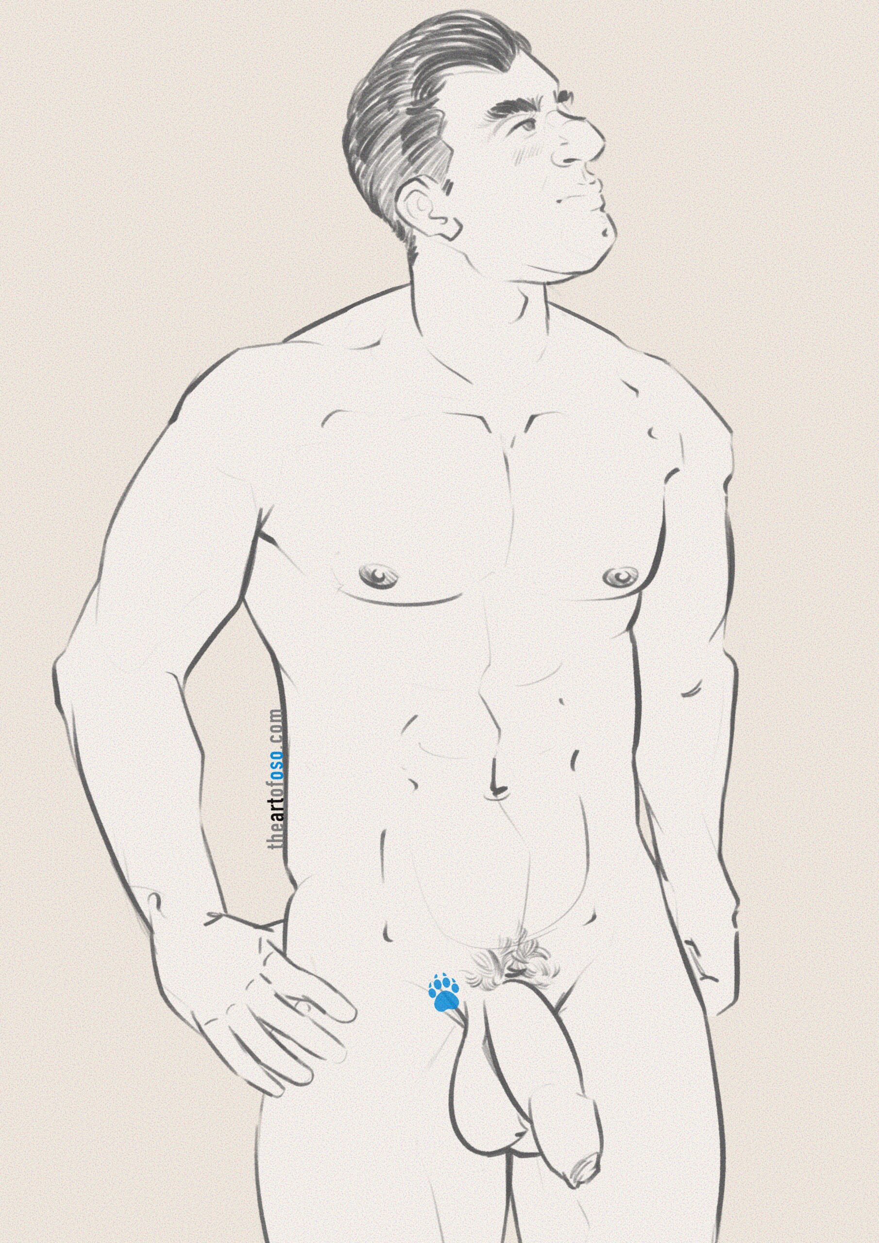 Sketch in digital art of a male figure standing looking up sideways.