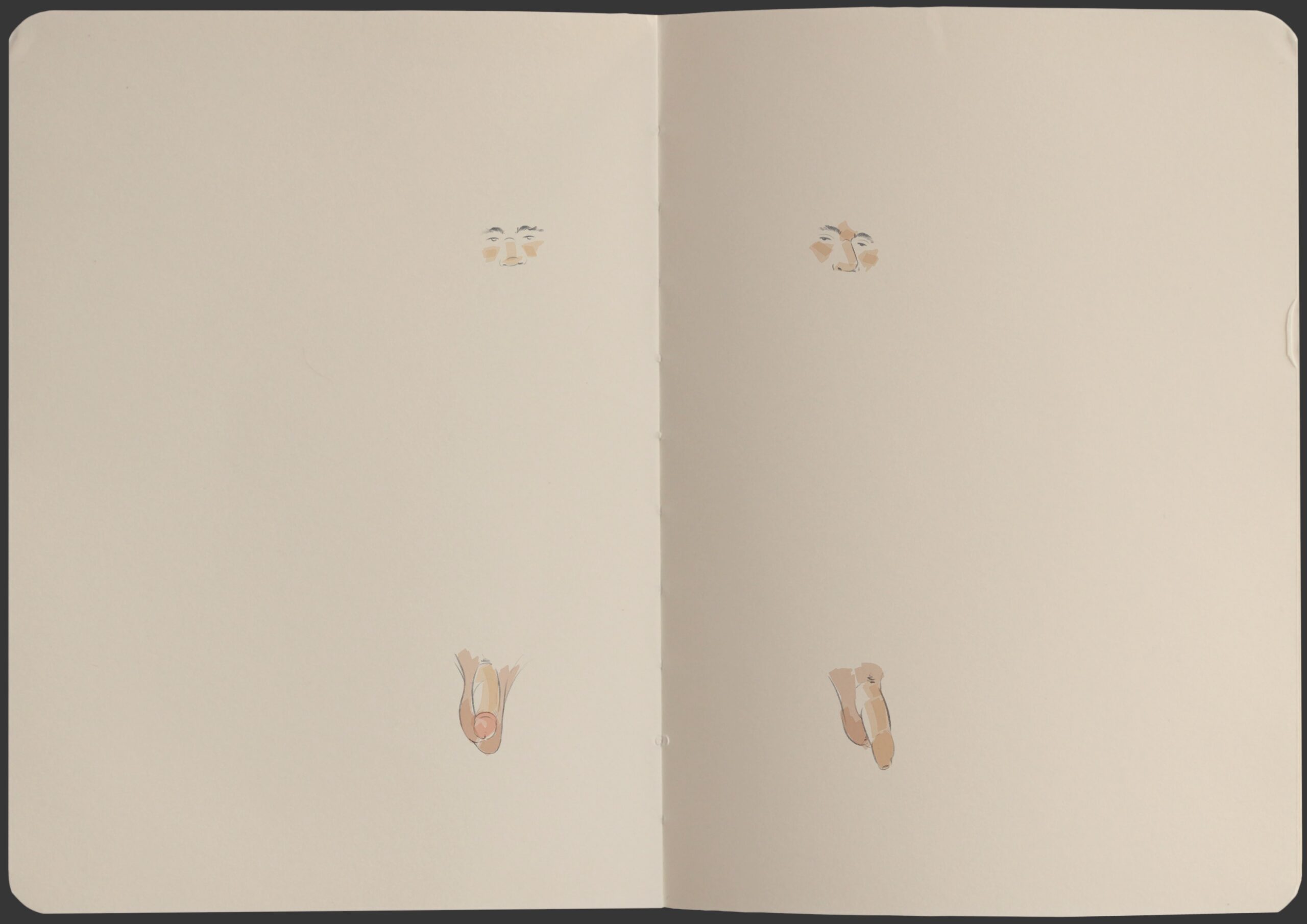 Digital sketchbook page with male figures drawn in blank pages, some effects of watercolor brushes.