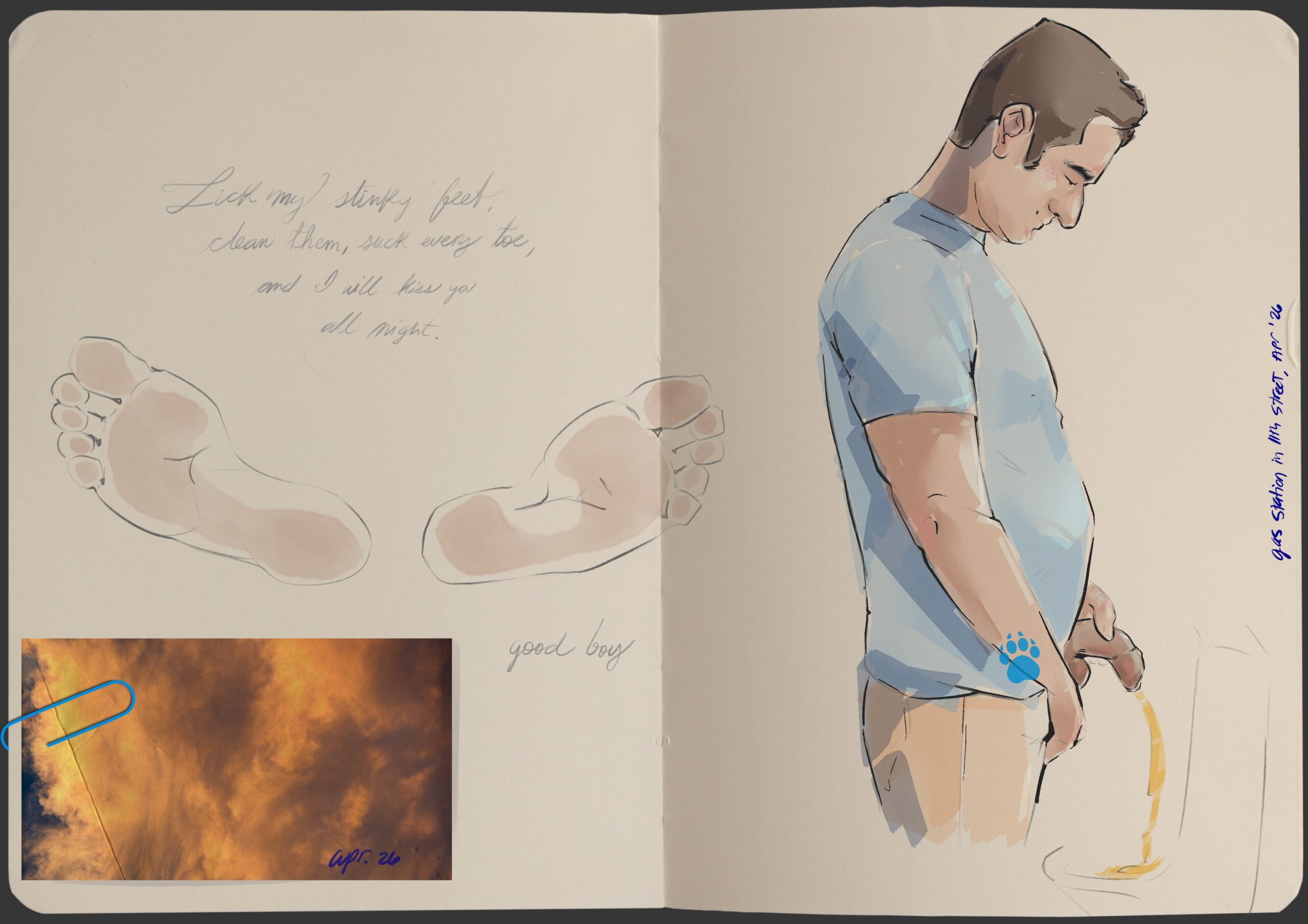 Digital sketchbook page with a poem about feet in the left page, and a male figure in the right page.