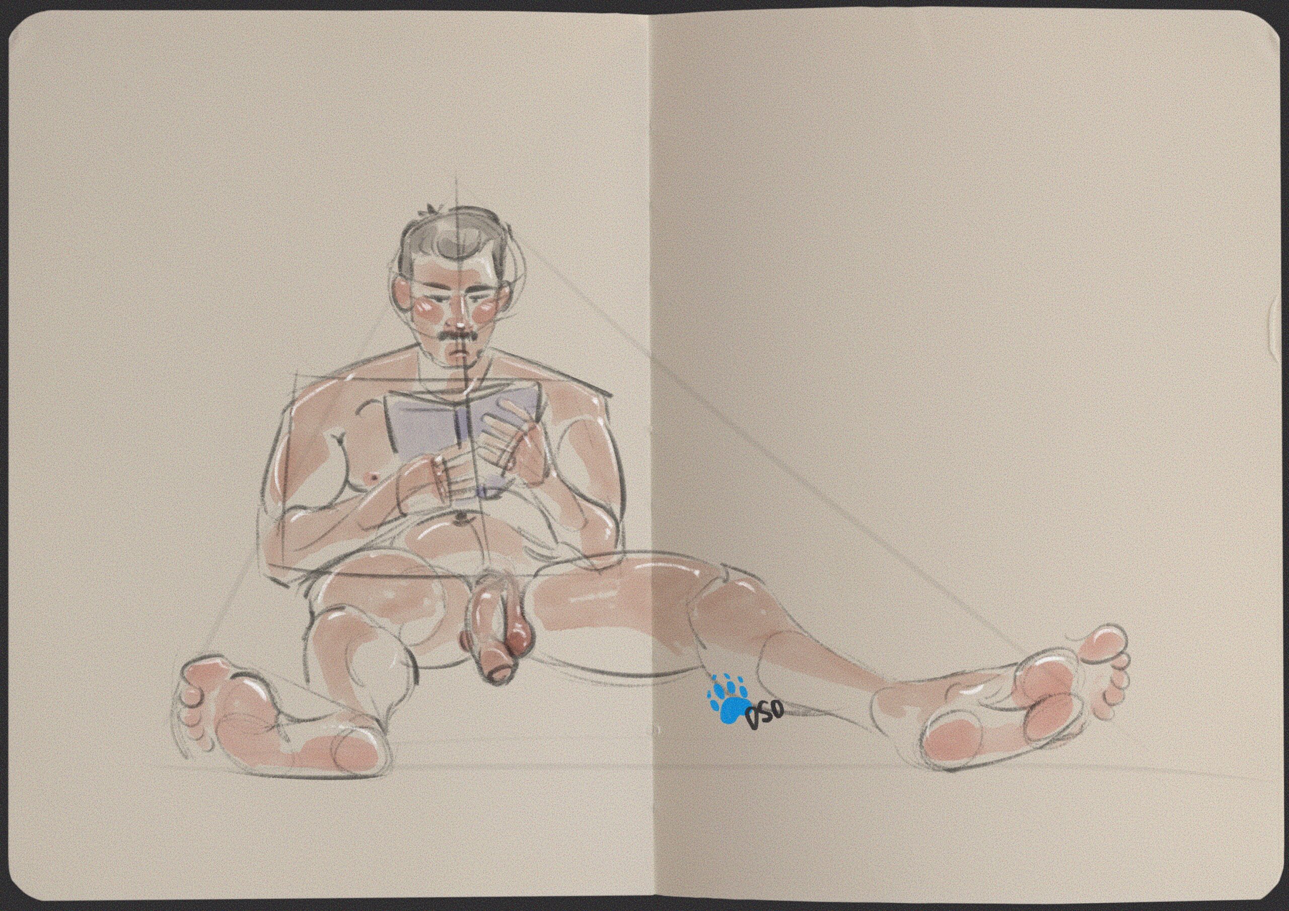 Digital art of a sketchbook with a male figure drawn on it